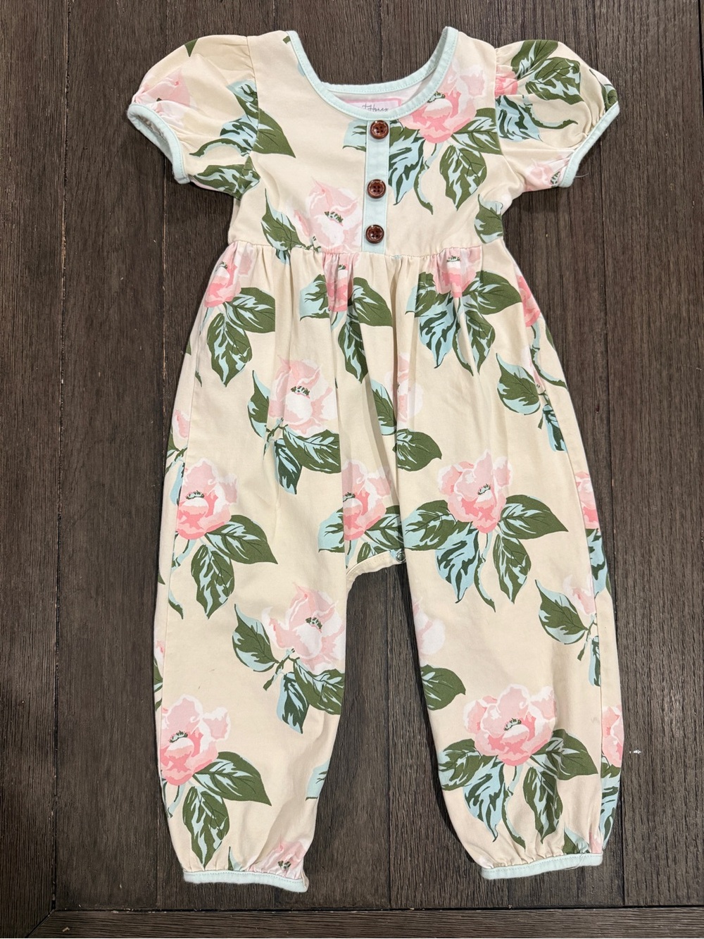 SweetHoney Pink Floral Puff-Sleeve Romper with Green Leaves